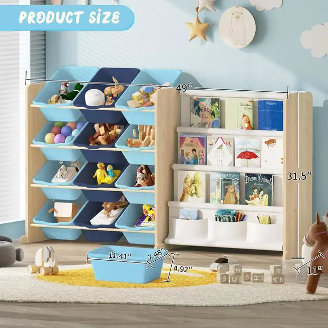 Alt view image 6 of 7 - Kids Toy Storage Organizer - Toy Storage with Bookshelf, Toy Organizer with 12 Blue Bins and 4 Book Shelves, Toy Organizers and Storage for Playroom, Nursery, Kids Room, Burlywood