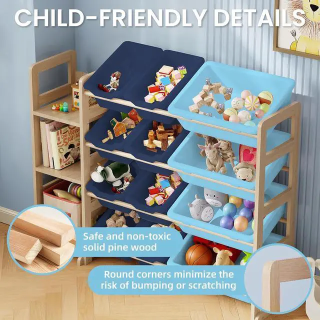 Alt view image 5 of 7 - Toy Storage Organizer - Toy Organizers and Storage with Bookshelf, Toy Storage Shelf with 3 Shelves and 12 Storage Bins, Kids Bookshelf and Toy Storage for Kids Room, Playroom, Bedroom, Nursery, Blue