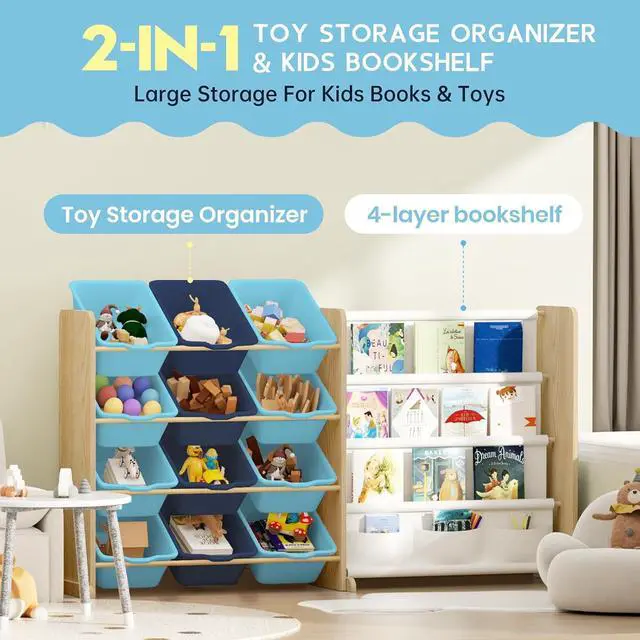 Alt view image 7 of 7 - Kids Toy Storage Organizer - Toy Storage with Bookshelf, Toy Organizer with 12 Blue Bins and 4 Book Shelves, Toy Organizers and Storage for Playroom, Nursery, Kids Room, Burlywood