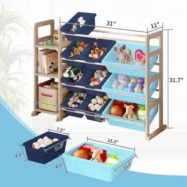 Alt view image 2 of 7 - Toy Storage Organizer - Toy Organizers and Storage with Bookshelf, Toy Storage Shelf with 3 Shelves and 12 Storage Bins, Kids Bookshelf and Toy Storage for Kids Room, Playroom, Bedroom, Nursery, Blue