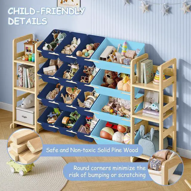 Alt view image 7 of 7 - Extra Large Toy Storage - Toy Storage Organizer, Wooden Toy Organizer with 6 Side Shelves and 16 Bins, 3-in-1 Bookshelf for Kids Rooms, Playroom, Nursery, Blue