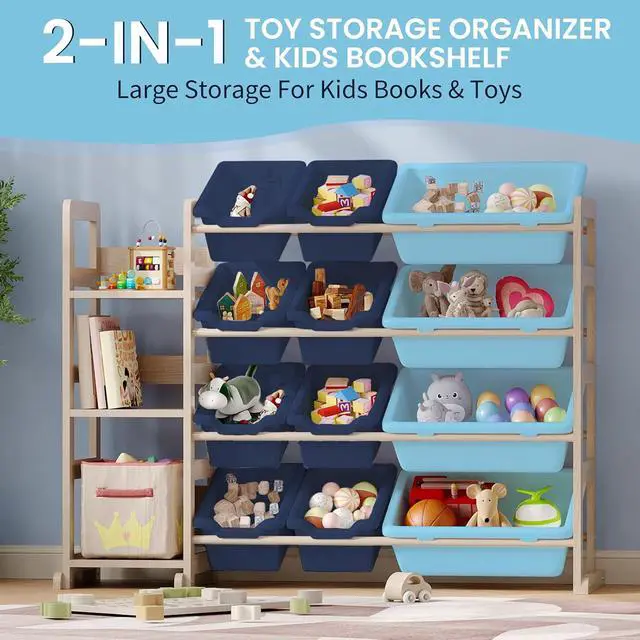 Alt view image 7 of 7 - Toy Storage Organizer - Toy Organizers and Storage with Bookshelf, Toy Storage Shelf with 3 Shelves and 12 Storage Bins, Kids Bookshelf and Toy Storage for Kids Room, Playroom, Bedroom, Nursery, Blue