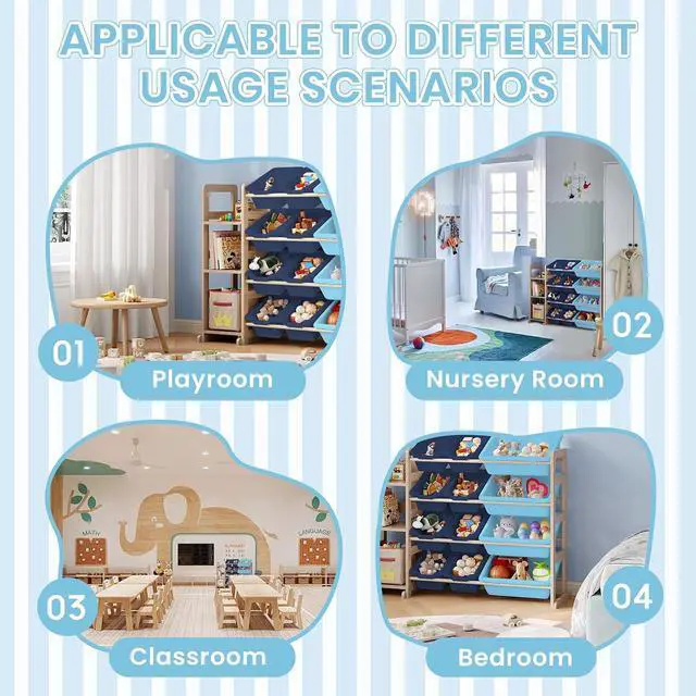 Alt view image 6 of 7 - Toy Storage Organizer - Toy Organizers and Storage with Bookshelf, Toy Storage Shelf with 3 Shelves and 12 Storage Bins, Kids Bookshelf and Toy Storage for Kids Room, Playroom, Bedroom, Nursery, Blue