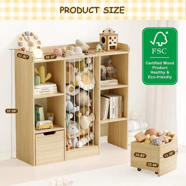 Alt view image 2 of 7 - Toy Storage Organizer with Stuffed Animal Storage, Solid Pine Wooden Toy Organizer & Stuffed Animal Zoo, 4 Cubes Shelf with 2 Movable Drawers, 4 -in-1 Book Shelf for Kids Room, Playroom, Nursery