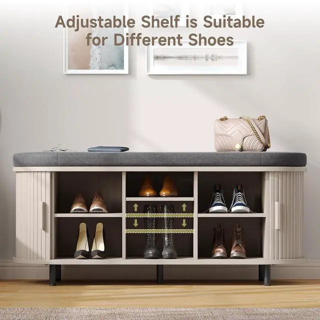 Alt view image 3 of 7 - 43" Fluted Storage Bench, Entryway Shoe Bench with Storege White