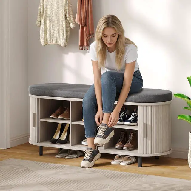 Alt view image 6 of 7 - 43" Fluted Storage Bench, Entryway Shoe Bench with Storege White