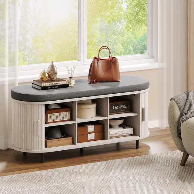 Alt view image 7 of 7 - 43" Fluted Storage Bench, Entryway Shoe Bench with Storege White