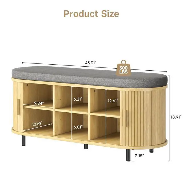 Alt view image 2 of 7 - 43" Fluted Storage Bench, Entryway Shoe Bench with Storege Oak