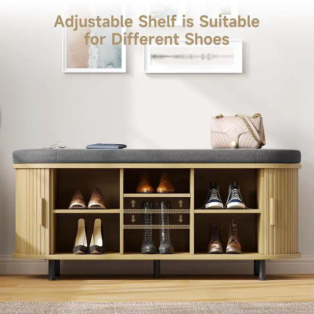 Alt view image 3 of 7 - 43" Fluted Storage Bench, Entryway Shoe Bench with Storege Oak