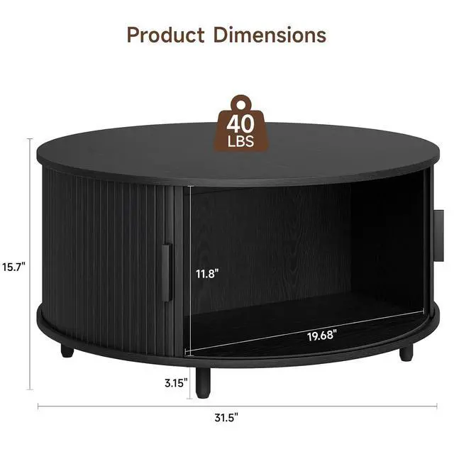 Alt view image 2 of 7 - 31.5 Inch Round Coffee Table, Mid-Century Modern Coffee Table wtih Storage, Fluted Coffee Table with Adjustable Footpads, 360° Rotating Sliding Door, Center Table for Living Room (Black)