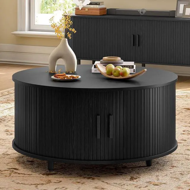 Alt view image 3 of 7 - 31.5 Inch Round Coffee Table, Mid-Century Modern Coffee Table wtih Storage, Fluted Coffee Table with Adjustable Footpads, 360° Rotating Sliding Door, Center Table for Living Room (Black)