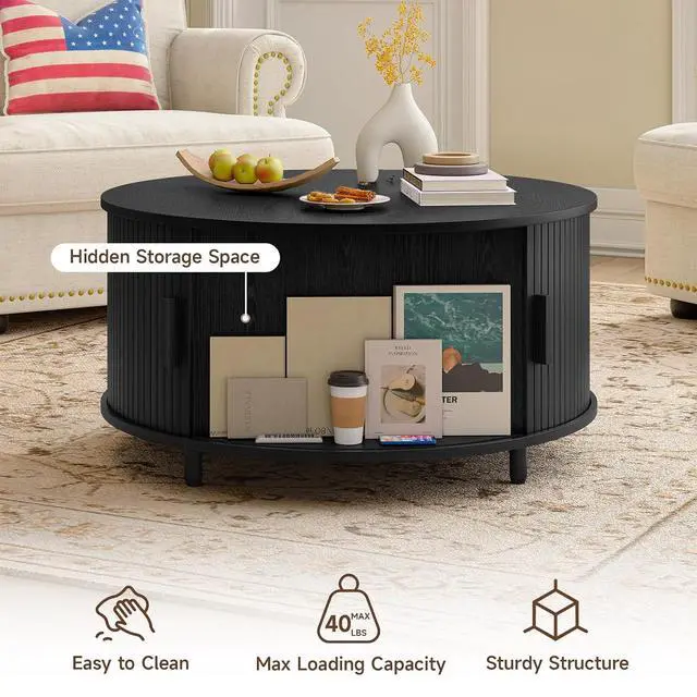 Alt view image 5 of 7 - 31.5 Inch Round Coffee Table, Mid-Century Modern Coffee Table wtih Storage, Fluted Coffee Table with Adjustable Footpads, 360° Rotating Sliding Door, Center Table for Living Room (Black)