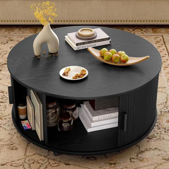 Alt view image 4 of 7 - 31.5 Inch Round Coffee Table, Mid-Century Modern Coffee Table wtih Storage, Fluted Coffee Table with Adjustable Footpads, 360° Rotating Sliding Door, Center Table for Living Room (Black)
