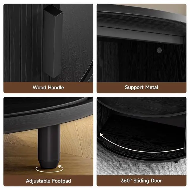 Alt view image 6 of 7 - 31.5 Inch Round Coffee Table, Mid-Century Modern Coffee Table wtih Storage, Fluted Coffee Table with Adjustable Footpads, 360° Rotating Sliding Door, Center Table for Living Room (Black)