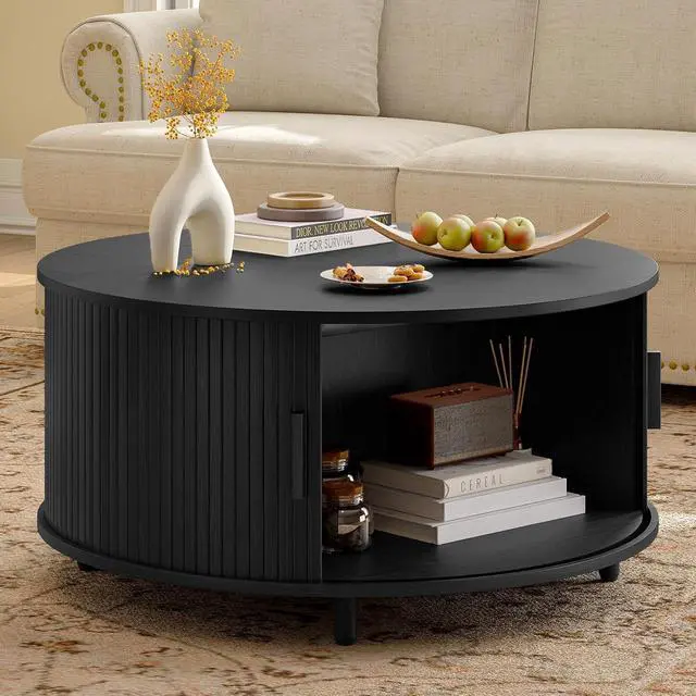 Alt view image 7 of 7 - 31.5 Inch Round Coffee Table, Mid-Century Modern Coffee Table wtih Storage, Fluted Coffee Table with Adjustable Footpads, 360° Rotating Sliding Door, Center Table for Living Room (Black)