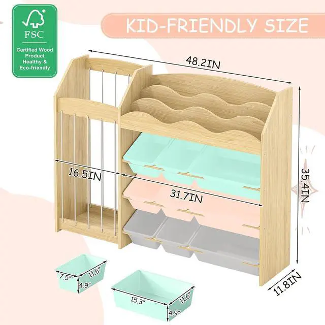 Alt view image 2 of 7 - Kids Toy Organizer, Scalloped Shelf, Plush Holder, 9 Colorful Bins