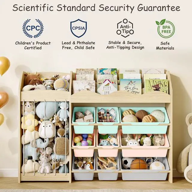 Alt view image 5 of 7 - Kids Toy Organizer, Scalloped Shelf, Plush Holder, 9 Colorful Bins