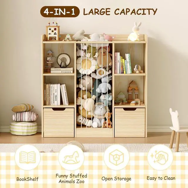 Alt view image 3 of 7 - Toy Storage Organizer with Stuffed Animal Storage, Solid Pine Wooden Toy Organizer & Stuffed Animal Zoo, 4 Cubes Shelf with 2 Movable Drawers, 4 -in-1 Book Shelf for Kids Room, Playroom, Nursery