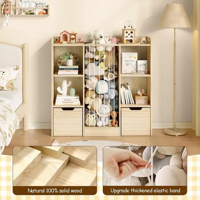 Alt view image 5 of 7 - Toy Storage Organizer with Stuffed Animal Storage, Solid Pine Wooden Toy Organizer & Stuffed Animal Zoo, 4 Cubes Shelf with 2 Movable Drawers, 4 -in-1 Book Shelf for Kids Room, Playroom, Nursery