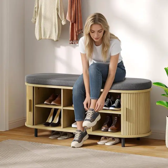 Alt view image 6 of 7 - 43" Fluted Storage Bench, Entryway Shoe Bench with Storege Oak