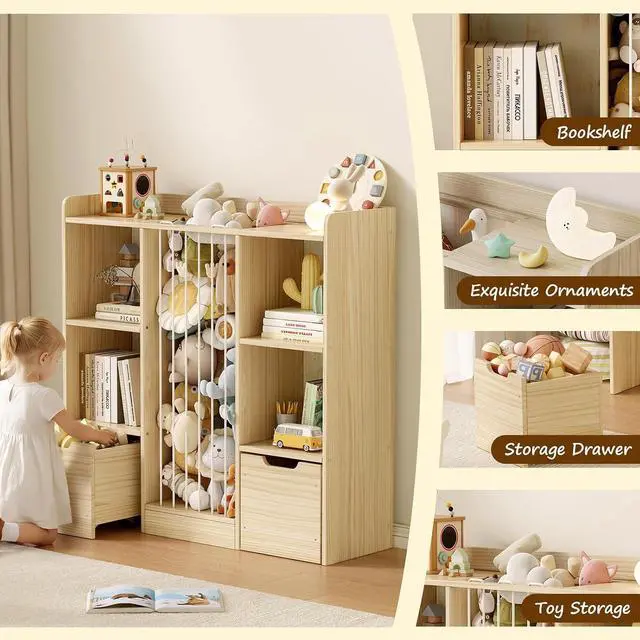 Alt view image 4 of 7 - Toy Storage Organizer with Stuffed Animal Storage, Solid Pine Wooden Toy Organizer & Stuffed Animal Zoo, 4 Cubes Shelf with 2 Movable Drawers, 4 -in-1 Book Shelf for Kids Room, Playroom, Nursery