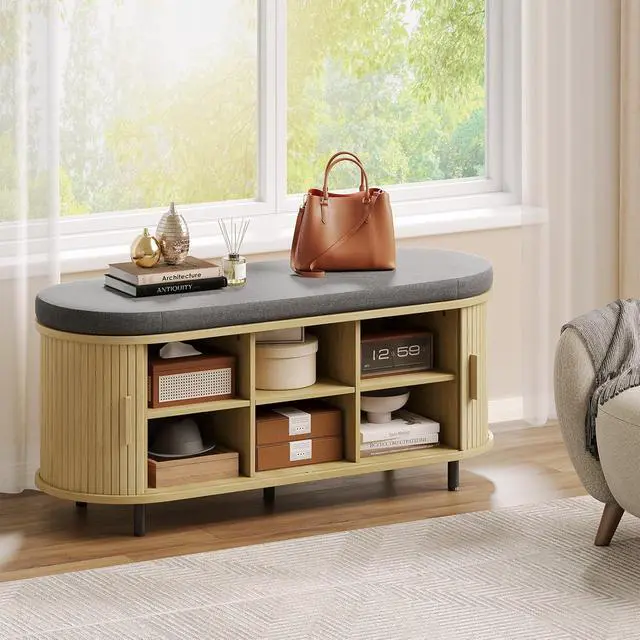 Alt view image 7 of 7 - 43" Fluted Storage Bench, Entryway Shoe Bench with Storege Oak