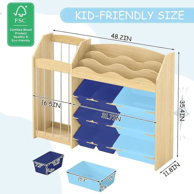 Alt view image 2 of 7 - Kids Toy Organizer, Scalloped Shelf, Plush Holder, 12 Blue Bins