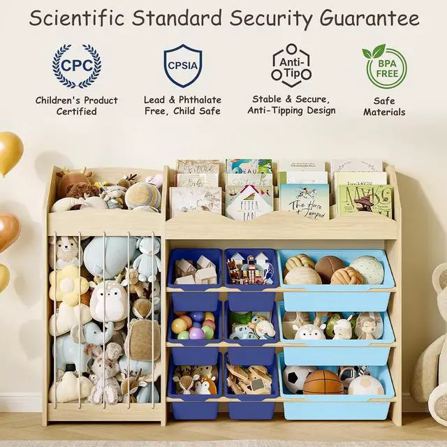 Alt view image 5 of 7 - Kids Toy Organizer, Scalloped Shelf, Plush Holder, 12 Blue Bins