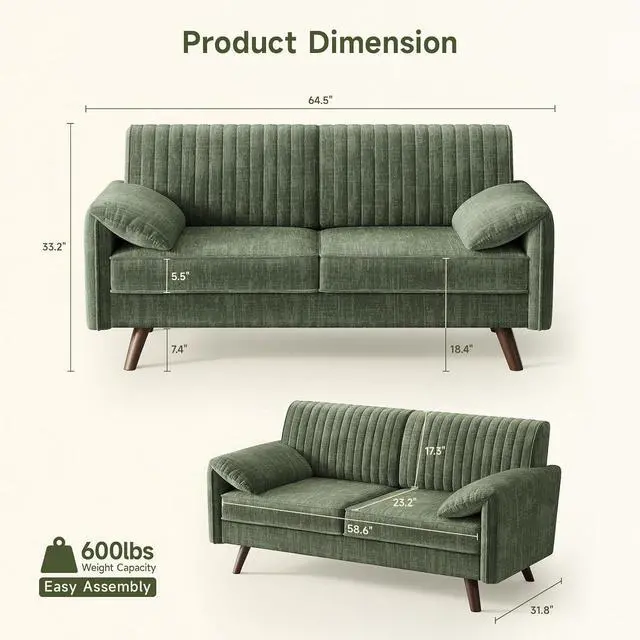 Alt view image 2 of 7 - 64.5" Loveseat for Living Room, Comfy Chenille Love Seat, Green