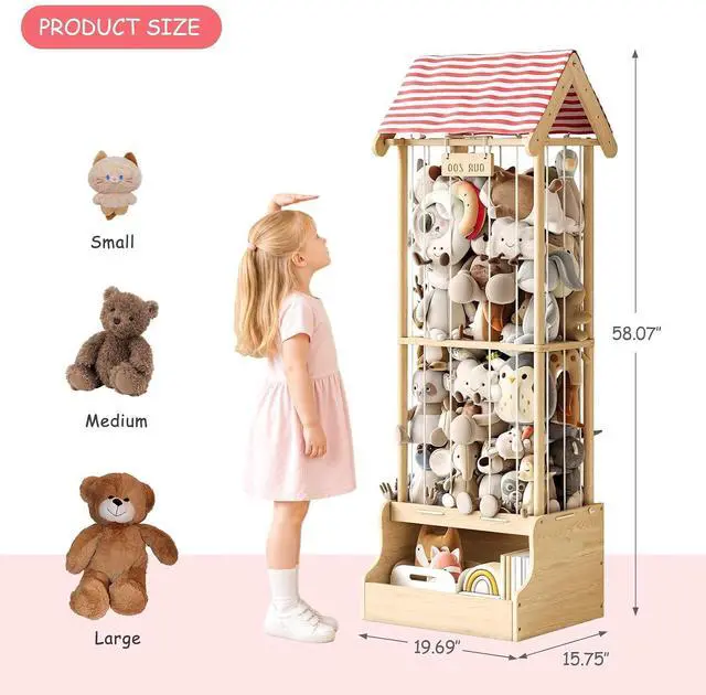 Alt view image 3 of 7 - Stuffed Animal Storage, Wooden Stuffed Animal Zoo with Toy Box and Triangular Ceilings, Vertical Stuffed Animal Holder with Thicker Elastic Band, Plushies Storage for Playroom, Nursery, Bedroom