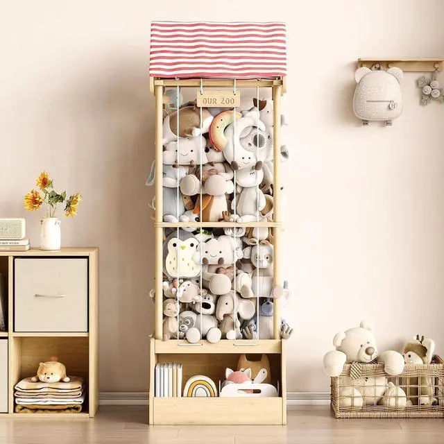 Alt view image 2 of 7 - Stuffed Animal Storage, Wooden Stuffed Animal Zoo with Toy Box and Triangular Ceilings, Vertical Stuffed Animal Holder with Thicker Elastic Band, Plushies Storage for Playroom, Nursery, Bedroom