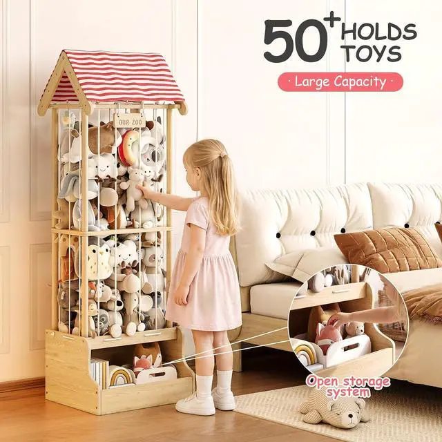 Alt view image 4 of 7 - Stuffed Animal Storage, Wooden Stuffed Animal Zoo with Toy Box and Triangular Ceilings, Vertical Stuffed Animal Holder with Thicker Elastic Band, Plushies Storage for Playroom, Nursery, Bedroom