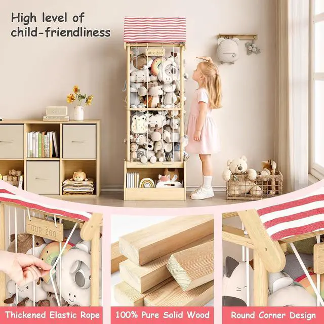 Alt view image 6 of 7 - Stuffed Animal Storage, Wooden Stuffed Animal Zoo with Toy Box and Triangular Ceilings, Vertical Stuffed Animal Holder with Thicker Elastic Band, Plushies Storage for Playroom, Nursery, Bedroom