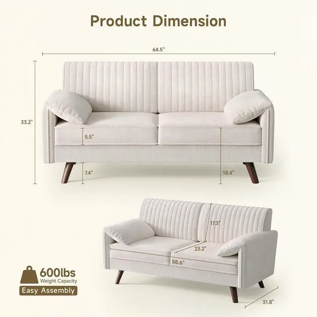 Alt view image 2 of 7 - 64.5" Loveseat for Living Room, Comfy Chenille Love Seat, Beige