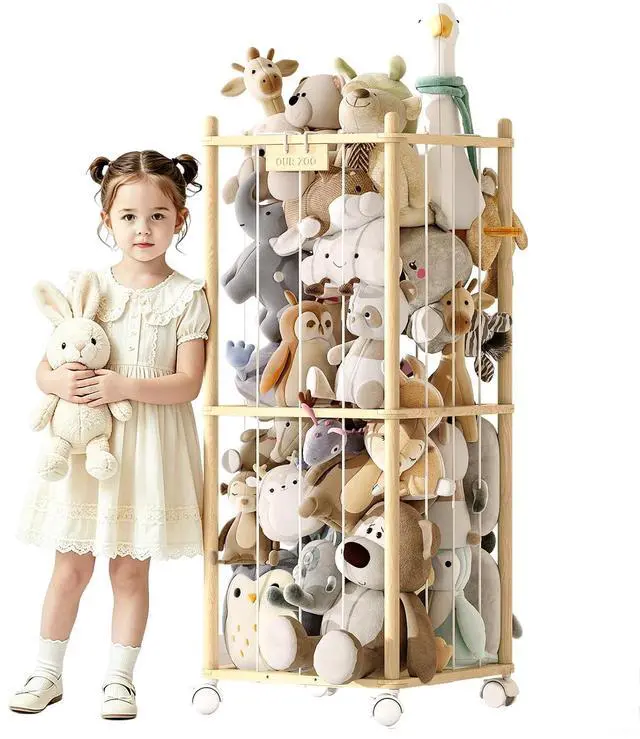 Main image of Stuffed Animal Storage Zoo with Wheels,Montessori-Inspired Solid Pine Wood Plush Toy Organizer,Stuffed Animal Holder with Thick Elastic Cords for Kids Room,Nursery and Bedroom,Small
