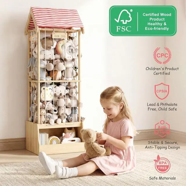 Alt view image 7 of 7 - Stuffed Animal Storage, Wooden Stuffed Animal Zoo with Toy Box and Triangular Ceilings, Vertical Stuffed Animal Holder with Thicker Elastic Band, Plushies Storage for Playroom, Nursery, Bedroom