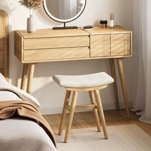 Alt view image 7 of 7 - Natural Oak Rubber Wood Vanity Stool