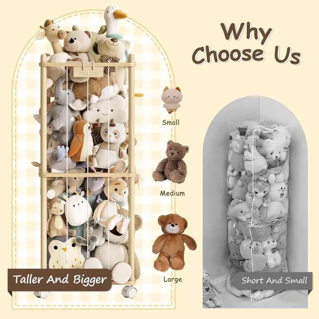 Alt view image 4 of 7 - Stuffed Animal Storage Zoo with Wheels,Montessori-Inspired Solid Pine Wood Plush Toy Organizer,Stuffed Animal Holder with Thick Elastic Cords for Kids Room,Nursery and Bedroom,Small
