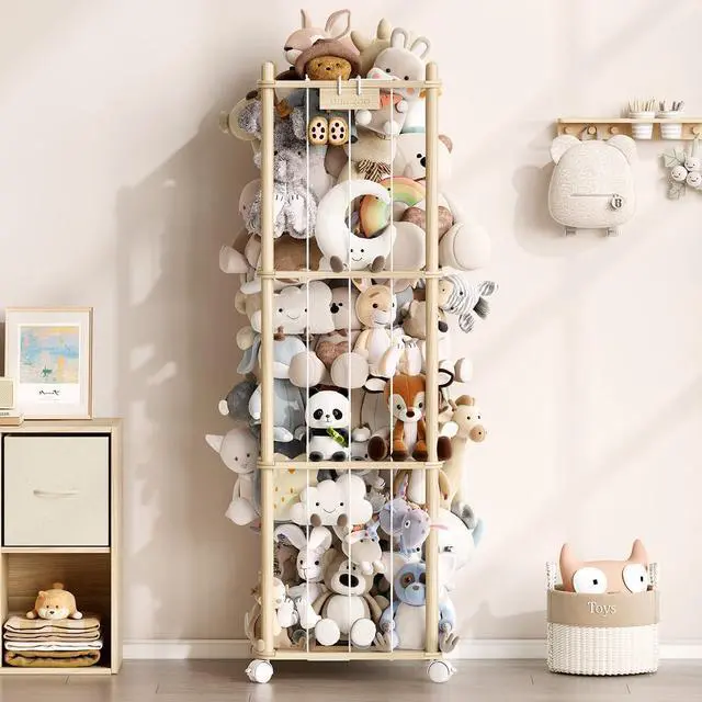 Main image of Stuffed Animal Storage Zoo with Wheels, Montessori-Inspired Solid Pine Wood Plush Toy Organizer, Tall Stuffed Animal Holder with Thick Elastic Cords for Kids Room, Nursery,and Bedroom,Large