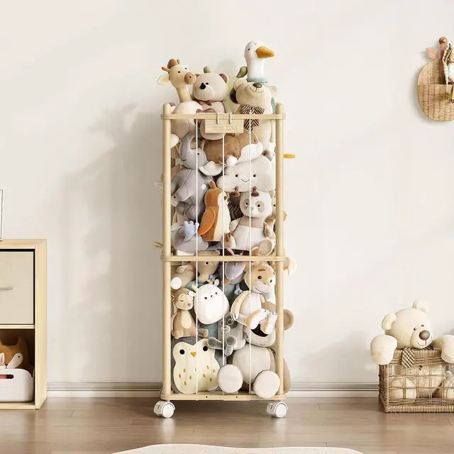 Alt view image 2 of 7 - Stuffed Animal Storage Zoo with Wheels,Montessori-Inspired Solid Pine Wood Plush Toy Organizer,Stuffed Animal Holder with Thick Elastic Cords for Kids Room,Nursery and Bedroom,Small