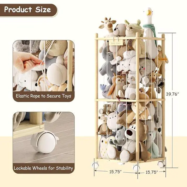 Alt view image 3 of 7 - Stuffed Animal Storage Zoo with Wheels,Montessori-Inspired Solid Pine Wood Plush Toy Organizer,Stuffed Animal Holder with Thick Elastic Cords for Kids Room,Nursery and Bedroom,Small