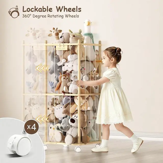 Alt view image 5 of 7 - Stuffed Animal Storage Zoo with Wheels,Montessori-Inspired Solid Pine Wood Plush Toy Organizer,Stuffed Animal Holder with Thick Elastic Cords for Kids Room,Nursery and Bedroom,Small