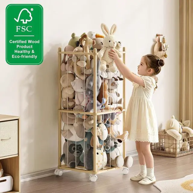 Alt view image 7 of 7 - Stuffed Animal Storage Zoo with Wheels,Montessori-Inspired Solid Pine Wood Plush Toy Organizer,Stuffed Animal Holder with Thick Elastic Cords for Kids Room,Nursery and Bedroom,Small