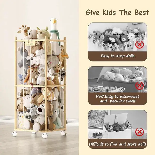 Alt view image 6 of 7 - Stuffed Animal Storage Zoo with Wheels,Montessori-Inspired Solid Pine Wood Plush Toy Organizer,Stuffed Animal Holder with Thick Elastic Cords for Kids Room,Nursery and Bedroom,Small