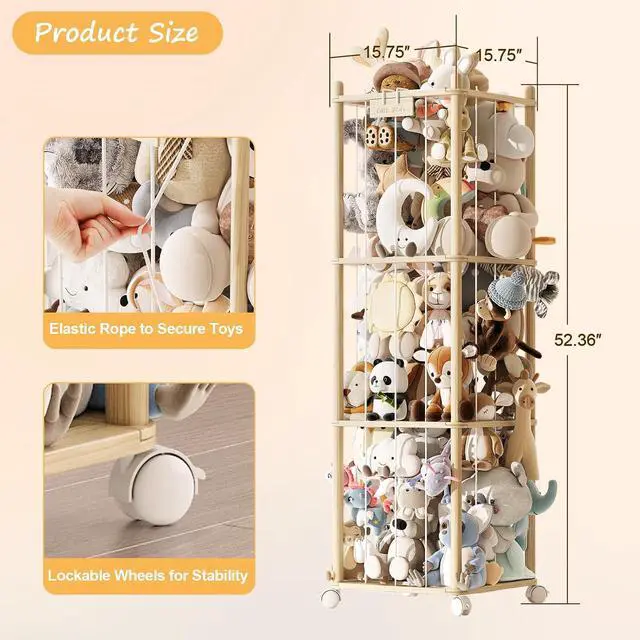 Alt view image 2 of 7 - Stuffed Animal Storage Zoo with Wheels, Montessori-Inspired Solid Pine Wood Plush Toy Organizer, Tall Stuffed Animal Holder with Thick Elastic Cords for Kids Room, Nursery,and Bedroom,Large
