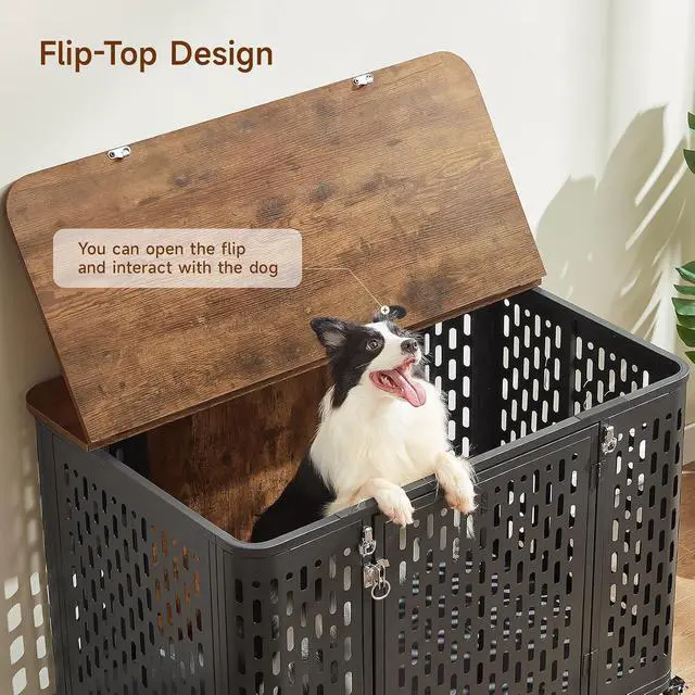 Alt view image 5 of 7 - 43.7" Furniture Style Dog Crate with Flip-Top Access and Wheels