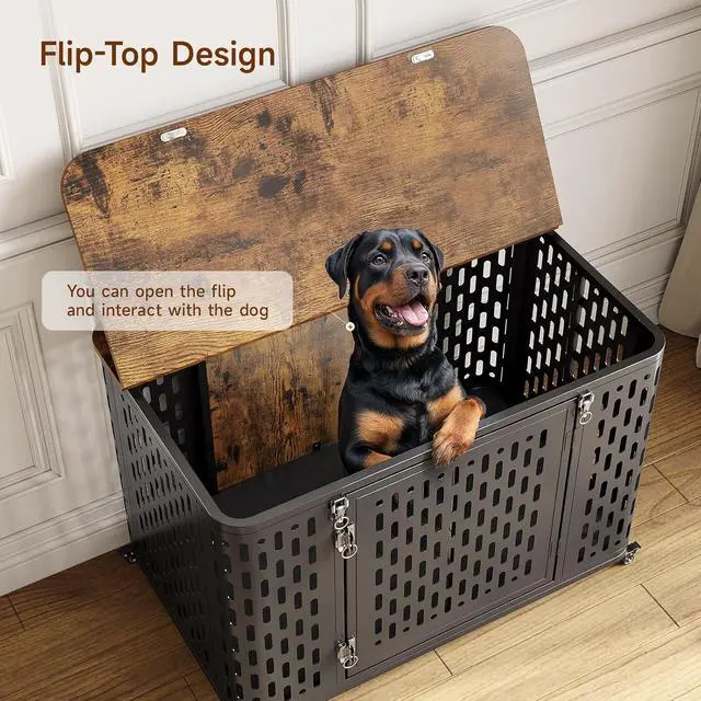 Alt view image 3 of 7 - 38.3" Furniture Style Dog Crate with Flip-Top Access and Wheels
