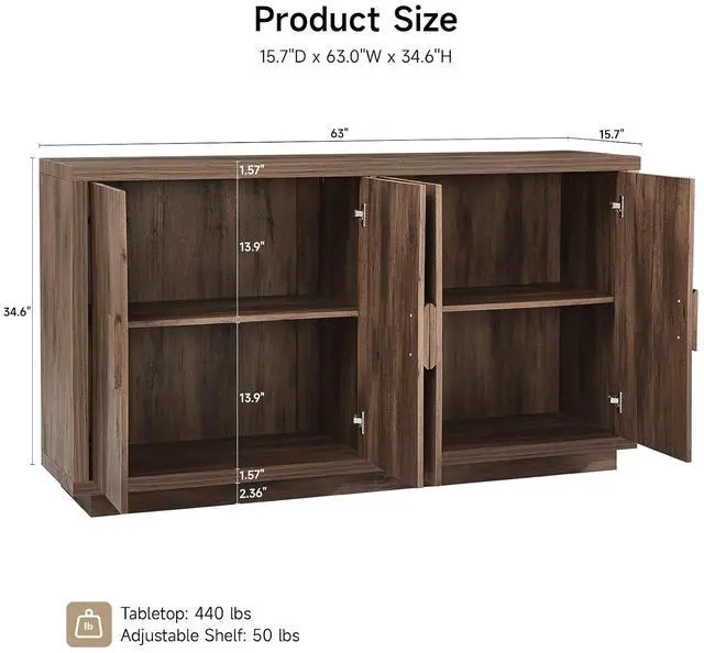 Alt view image 2 of 7 - 63 Inch Long Buffet Cabinet with Storage, Farmhouse Wooden Sideboard Modern Credenza Storage Cabinet with Doors & Shelves, Mid Century Coffee Bar Cabinet TV Stands for Living Room