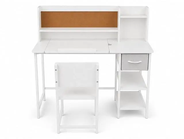 Main image of White Kids Desk and Chair Set for 6-12 Year Old, Children Study Desk with Hutch and Storage Shelf, Children Study Table with Storage Toddler Girls Boys