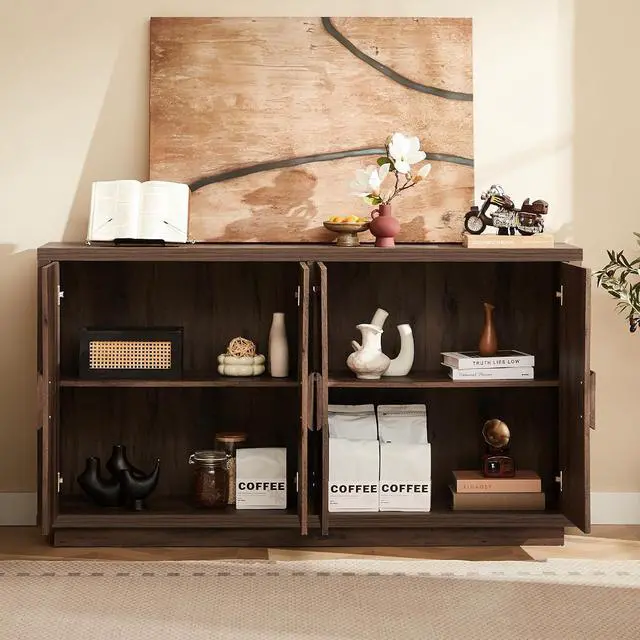 Alt view image 3 of 7 - 63 Inch Long Buffet Cabinet with Storage, Farmhouse Wooden Sideboard Modern Credenza Storage Cabinet with Doors & Shelves, Mid Century Coffee Bar Cabinet TV Stands for Living Room